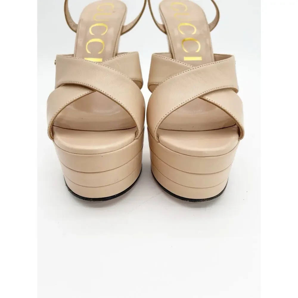 Gucci Angel Light Pink Leather Crisscross GG Platform High Heel Sandals IT 40